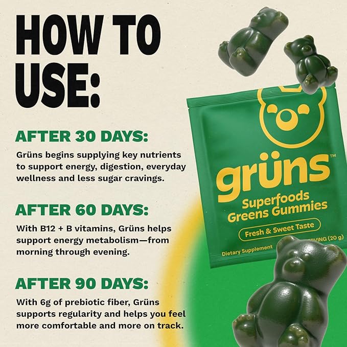 Gruns Sugar-Free Super Greens Gummies, Multivitamin Superfood Gummy Bears, Spirulina, Chlorella, Prebiotics & Fiber gummies for Digestive Health, Adaptogens Supplement, 20 Vitamins & Minerals, 10 pack