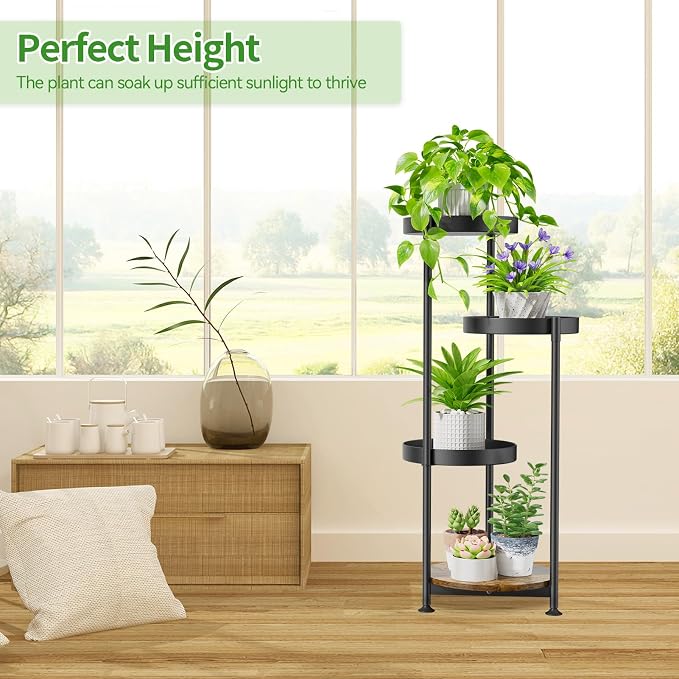 Oppro Plant Stand Indoor Outdoor Clearance, 4 Tier Metal Tall Flower Shelf Holder, Multiple Plant Round Corner Rack Organizer Display for Patio Orchid Office Porch Living Room Garden Balcony, Black
