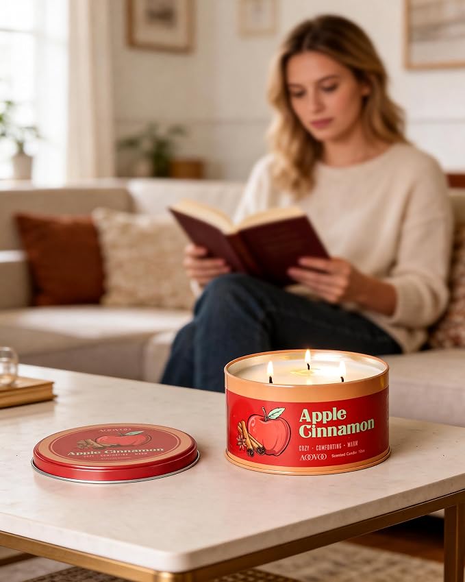 AOOVOO Apple Cinnamon Candle - 3 Wick 12oz Large Fall Candles, Soy Wax Strong Scented Candle Non Toxic, Long Lasting Aromatherapy Candle for Home, Holiday Gift for Women Men