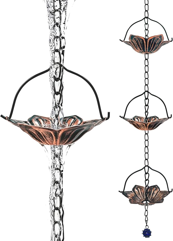 Copper Rain Chain for Gutters, 12 Cup Lotus Decorative Water Feature, 8FT 7IN Adjustable Metal Chain Rain Diverter for Outdoor Garden Décor with Crystal Accent