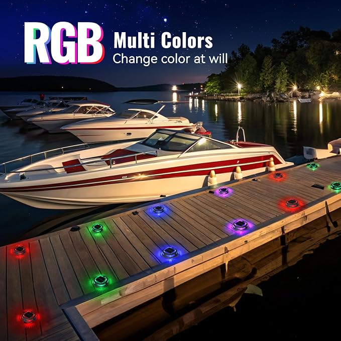 Solar Driveway Lights Outdoor 12 Pack, RGB Colors Solar Deck Dock Lights Outdoor Waterproof IP68, 3 Dynamic Light Modes Driveway Marker for Warning Stair, Boat Dock, Step, Walkway, Garden Decor