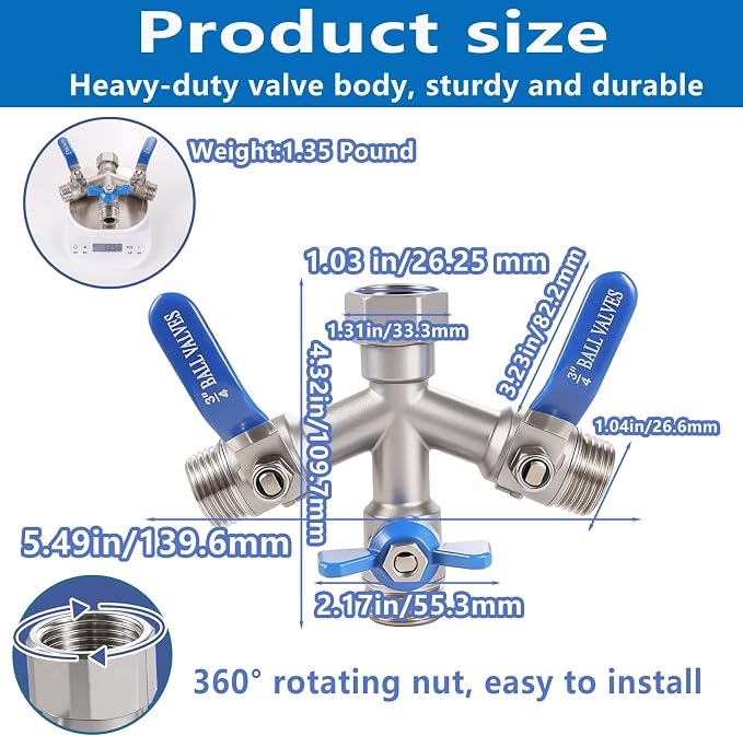 304 Stainless Steel Garden Hose Splitter 3 Way Heavy Duty, Full Flow Y Valve Water Hose Splitter With Large Handle, Lead-free，3/4" GHT Thread Connector For Outdoor Spigot Faucet