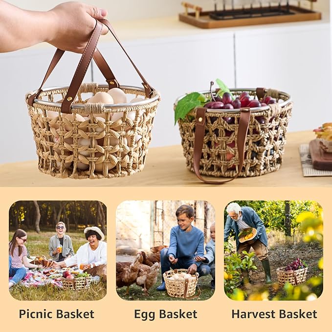 Farmhouse Seagrass Egg Baskets - Handmade Wicker Egg Collecting Basket with Handle