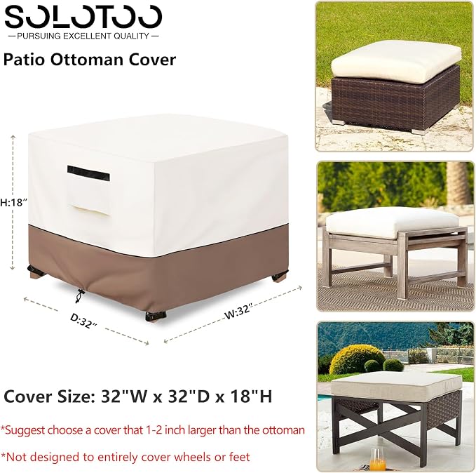 Patio Ottoman Cover Waterproof Heavy Duty Square Outdoor Ottoman Covers, 32W x 32D x 18H Inches Patio Furniture Covering Protector Outdoor Side Table Cover (Beige)