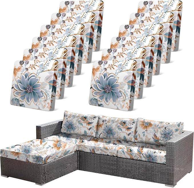 CALBODE 12Pcs High Elastic Digitally Printed Sofa Seat Cushion Cover for Fall Decor, Soft Reusable Floral Stretch Couch Cushion Slipcover for Outdoor Furniture Protector Replacement, All-Season