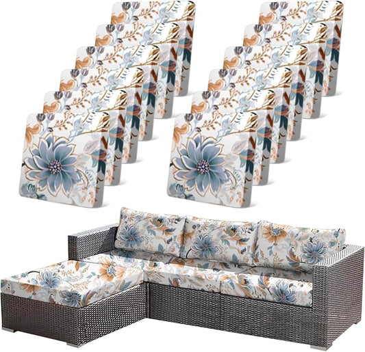 CALBODE 12Pcs High Elastic Digitally Printed Sofa Seat Cushion Cover for Fall Decor, Soft Reusable Floral Stretch Couch Cushion Slipcover for Outdoor Furniture Protector Replacement, All-Season