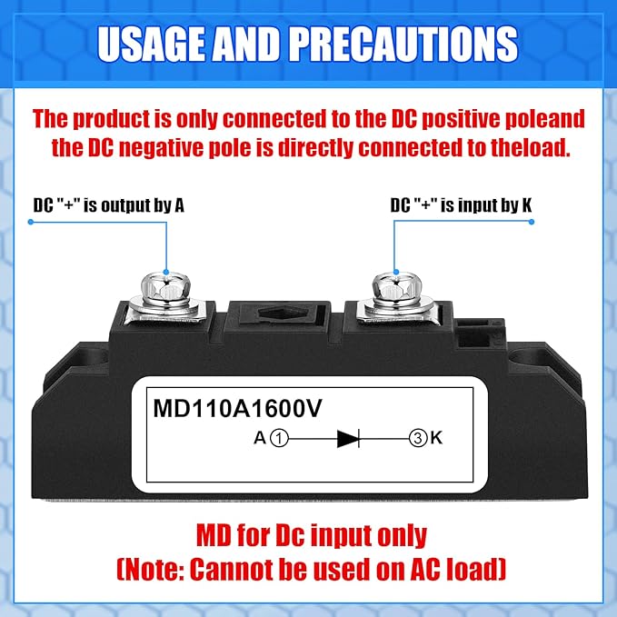 Yexiya 2 Pcs MD 110A (100A)-16 Solar Diode, Anti Reverse One Way Diode Use Voltage Range: AC - 400VAC; DC 3-1000V; Applied in Photovoltaics, Solar Energy Panels 12V 24V 48V