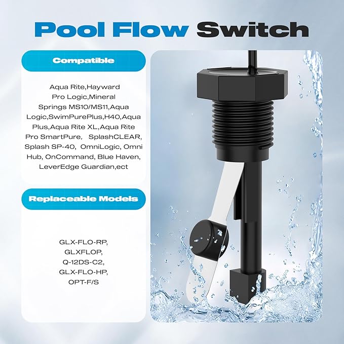 Flow Switch, GLX-FLO-RP for Hayward Goldline Aquarite Salt System Metal Pool Flow Sensor Suitable Hayward Salt Cell and Chlorine Generator with 15ft Cable