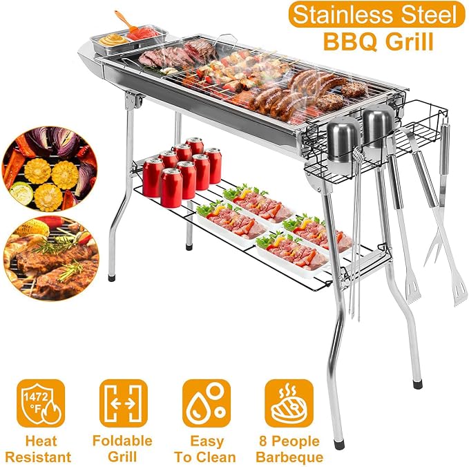 Portable Charcoal Grill, Large Stainless Steel Folding Grill with Side Table & Storage, Barbecue for outdoor Cooking Camping Parties Garden, Backyard Grilling and Family Picnics (39x13x28 In)