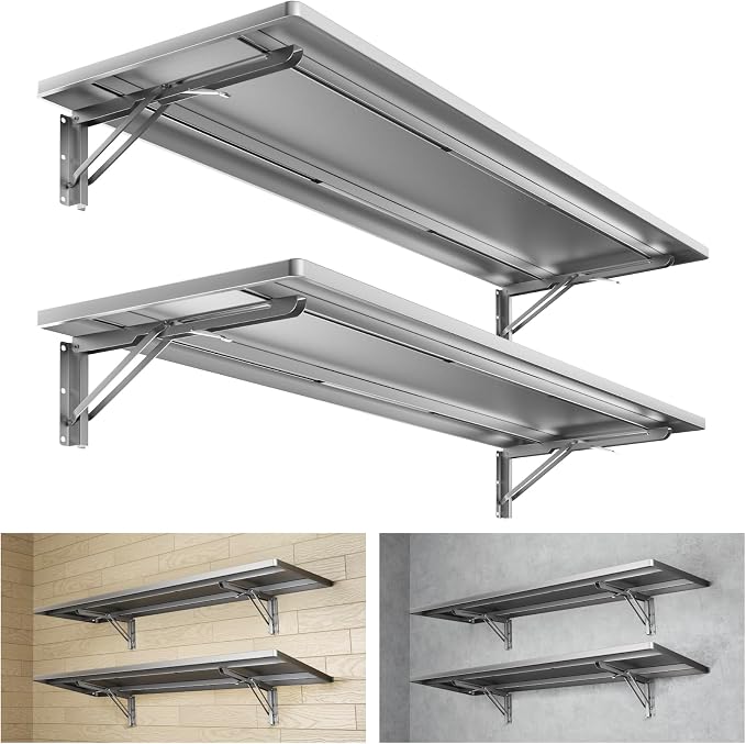 1.3x4FT Adjustable Garage Shelf Wall Mounted Fold Down Shelf Metal Heavy Duty Sliver 2Pack