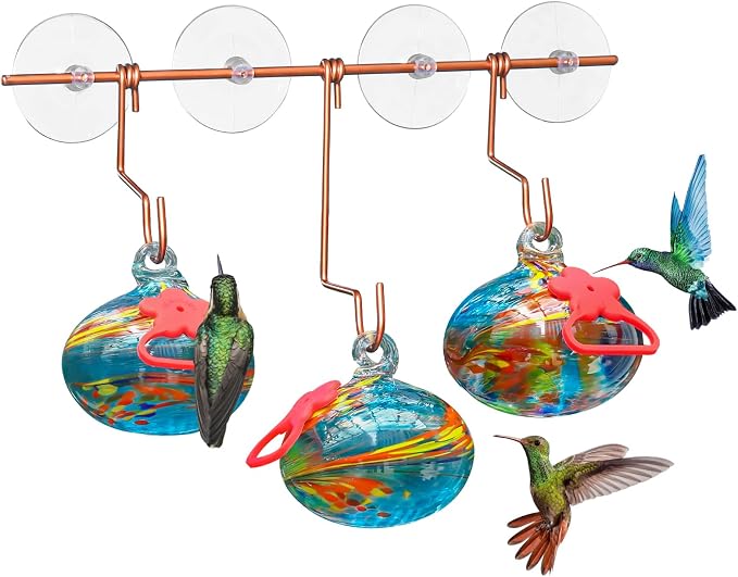 Pozfun Window Hummingbird Feeder with Suction Cups,Hand-Blown Glass Hummingbird Feeders for Outdoors Window Mounted with Metal Hook,Close Bird Watching,Finch in Garden,Yard(Blue)