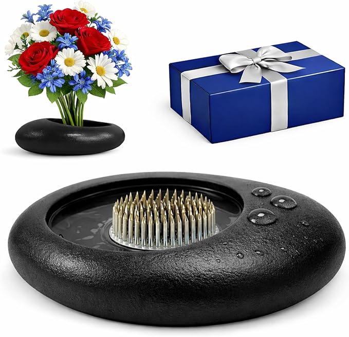 Flower Frog Vase Kit – Japanese-Inspired Arita-Style Glazed Ceramic Ikebana Vase with Kenzan & Gift Box, for Floral Arranging, Home & Office Decor, Relaxing Ambience (Black Large)
