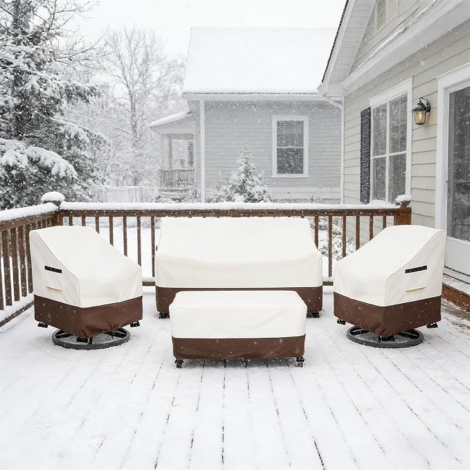 Patio Furniture Covers 4 Piece Set, 600D Heavy Duty Outdoor Furniture Covers Waterproof for Patio 3-Seater Sofa,Swivel Rocker Chair and Coffee Table Furniture Set,Beige & Brown