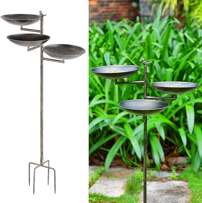 44”H Bird Bath and Feeder for Outdoor with Stake, 3-in-1 Metal Birdbaths with 4-Prong Stake, for Outside Yard Garden Patio