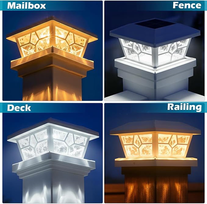 SIEDiNLAR Solar Post Lights Outdoor 10 Pack 4 Modes 40 LEDs Deck Fence Post Cap Light for 4x4 5x5 6x6 Vinyl/Wooden Posts Patio Decor, Warm/White Dynamic Lighting (White)
