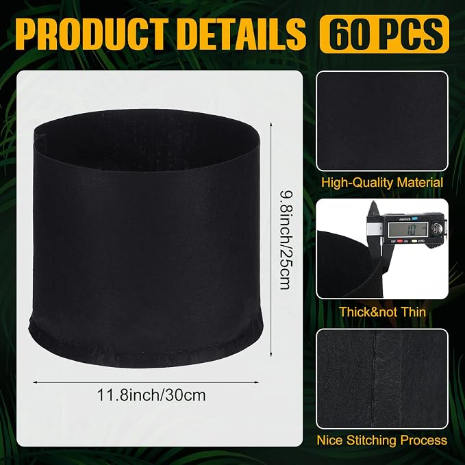 Zubebe 60 Pack Plant Grow Bags Bulk Garden Bags Aeration Grow Pots Heavy Duty Thickened Nonwoven Fabric Plant Pots Black Planting Container for Potato Tomato Vegetable Flower Fruits (5 Gallon)