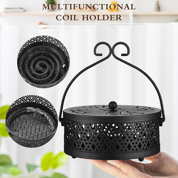 Lallisa Incense Coil Holder Sets, Round Metal Hanging Incense Burner with Handle and Lid, Portable Coil Burner Stand Container for Patio Camping Garden Home Indoor Outdoor Decor(Black,2 Pcs)