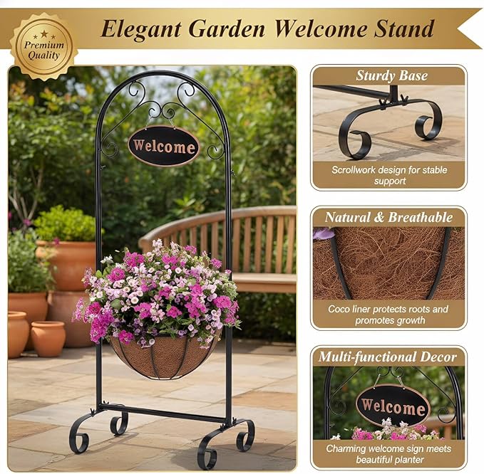 SUNNYPARK Black Metal Welcome Sign Hanging Basket Stand - 40 Inch Decorative Planter Holder for Outdoor/Indoor Plants, Flowers, Herbs - Rustic Garden Decor