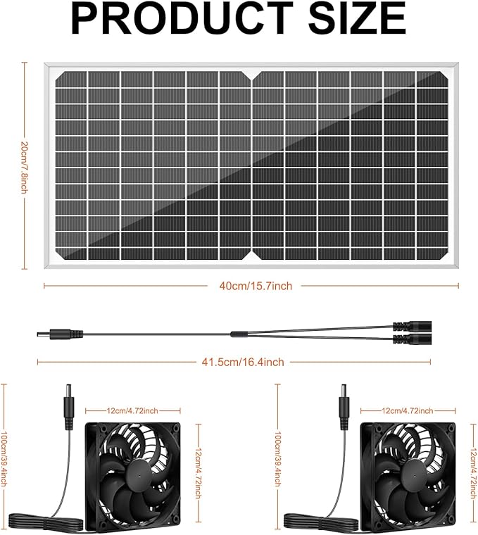 Solar Powered Fan Kit 17.72 Inch IPX7 Weatherproof, 22W Solar Panel with 2 Waterproof Fans, Intake or Exhaust Air Fan for Outside Backyard Chicken Coops, Greenhouses, Doghouse