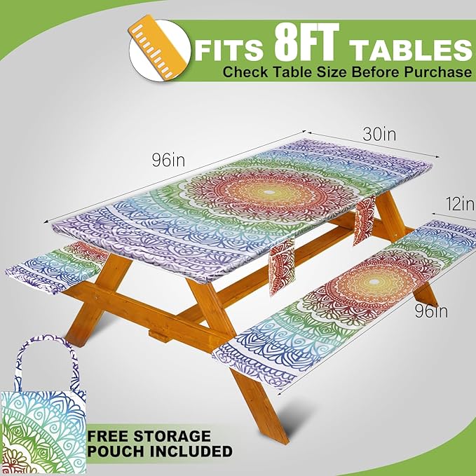 Picnic Table Cover with Bench Covers Vinyl Elastic Edges Fitted Rectangle Seat Tables Waterproof 3-Piece96X30in Set Outdoor Rectangular Folding Backing Tablecloth for Camping Over Size