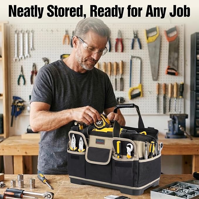 Tool Bag, Ounic 18 Inch Large Tool Tote Bag Heavy Duty With Waterproof Molded Base, Wide Mouth Tool Box Organizer with Adjustable Shoulder Strap for Electrician Mechanic Craftsman Plumbers(Coffee)