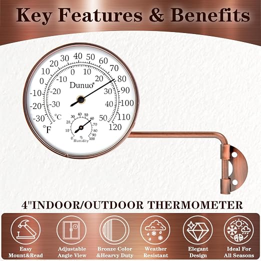 Outdoor Thermometer - Weatherproof & Decorative Outside Temperature Gauge for Window, Greenhouse Accessories and Patio (Easy-Read Brass Swivel Design) (4inch with Longer arm)