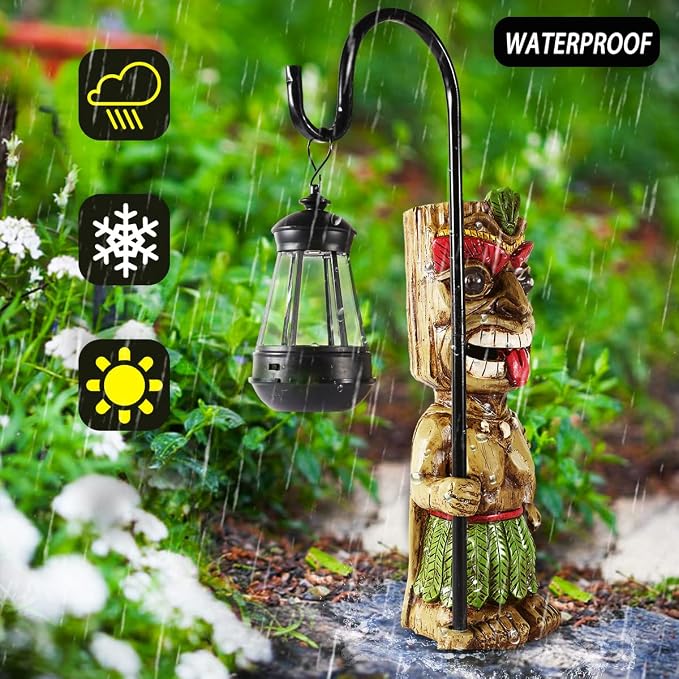 16.7" H Tiki Decor Garden Statue,Large Lantern Tiki Figurine with Solar Lights,Hawaiian Tiki Man Outdoor Patio Yard Lawn Bar Party Beach Pool Pond Halloween Christmas Decoration Ornament Gifts