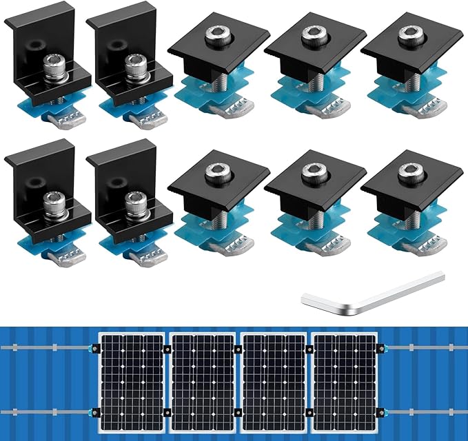 Anbte 10 PCS Solar Panel Clamps for Unistrut, Aluminium 40mm 6 x T-Shaped Mid Clamps + 4 x End Clamps, Solar Panel Mounting Brackets for Metal, Tin, Flat, Sheet Roofs, RV, Black