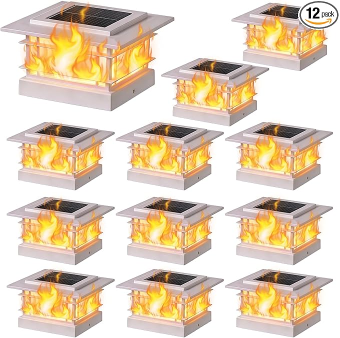 Dynaming 4x4 Solar Post Cap Lights Outdoor with Flickering Flame Light, White Shell Fence Post Solar Lights Fit Vinyl/Wooden Posts, Brightness LED Lighting Decor for Garden Deck Patio, 12 Pack