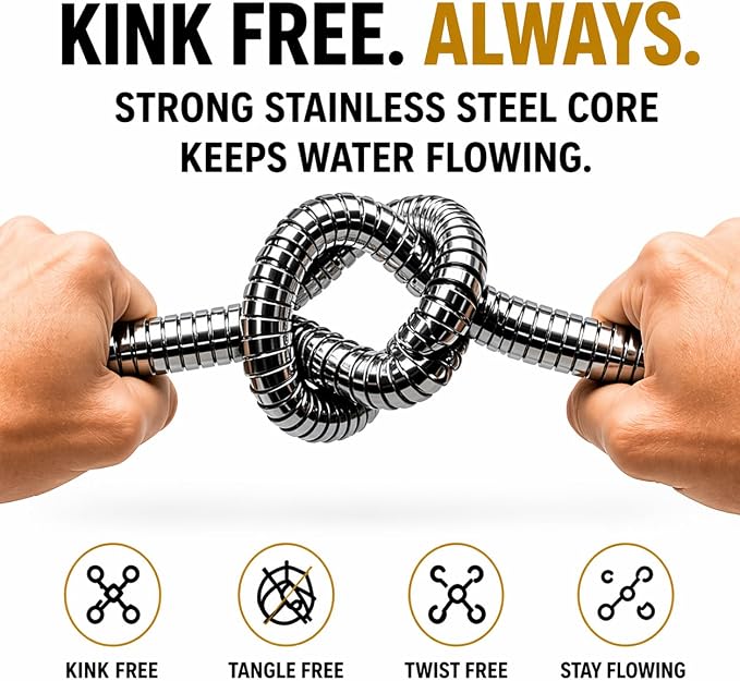 100 FT Metal Garden Hose, Stainless Steel Water Hose, Kink-Free Lightweight Heavy Duty Garden Hose with Brass Fittings & Nozzle, Flexible Non-Expandable Hose