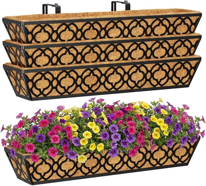 Y&M 4Pcs 30'' Railing Planter Box Set with Coconut Coir Liner, Flower Boxes with Adjustable Brackets, Large Metal Hanging Window Boxes for Fence, Deck, Balcony, and Outdoor Garden