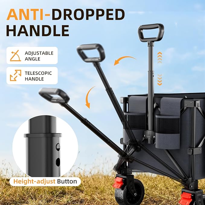 220L Collapsible Wagon Cart, 39" L Extended Frame and 440Lbs Heavy Duty, Lightweight 15lbs Folding Garden Cart with Silent All-Terrain Wheels for Beach, Camping Grass and Grocery, Grey