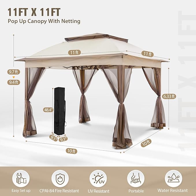 COOS BAY Pop up Gazebo 11x11, Instant Canopy Tent with Mesh Netting, Patio Gazebo with 121 Square Feet of Shade, 4 Weight Bags Included, Beige
