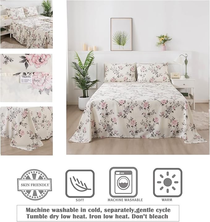 FADFAY Floral Sheets Set Full Vintage Rose Floral Bedding Shabby Grey and Pink Peony Print Sheets Farmhouse Bedding 800 Thread Count 100% Egyptian Cotton Soft Deep Pocket Fitted Sheet 4Pcs, Full Size