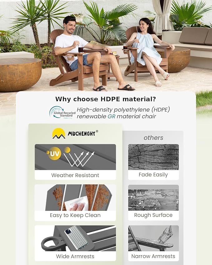 MUCHENGHY Folding Adirondack Chairs Set of 4, Hdpe Fire Pit Chairs, Outdoor Chairs, Plastic Adirondack Chairs, Lawn Chairs Weather Resistant with Cup Holder for Deck, Backyard, Garden(Gray)