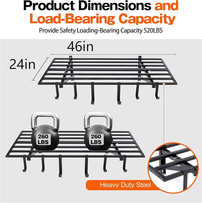 Colinktool Garage Wall Shelving, 2X4ft Garage Storage Rack,Heavy Duty Wall Mounted Storage Shelf With 12 pc Hooks-Each Loads 260lbs Metal Wall Shelf,Black,2Pack