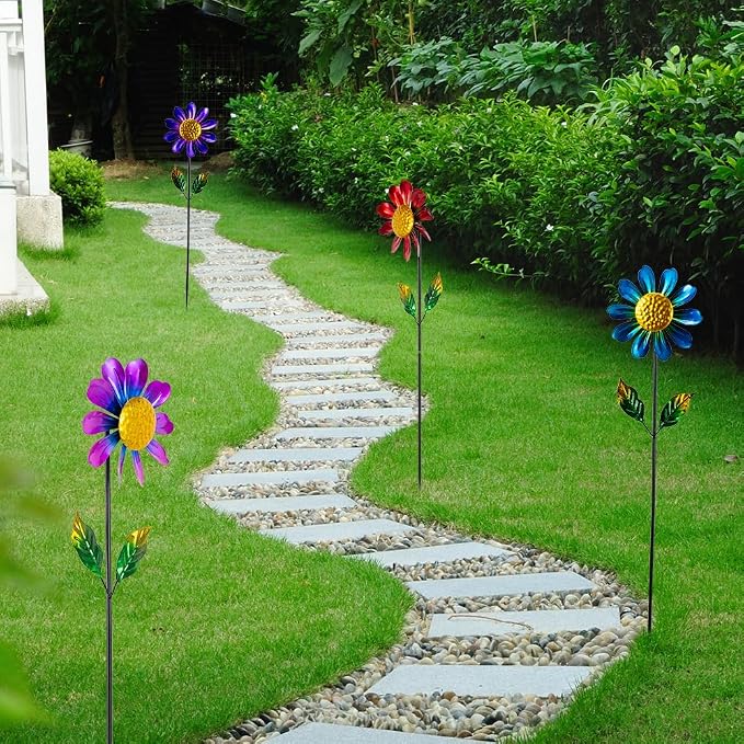 4 Pack Wind Spinner Outdoor,Waterproof Metal Flowers Windmill,Pinwheels for Yard and Garden, Flower Wind Sculpture & Spinner for Patio Lawn Decor