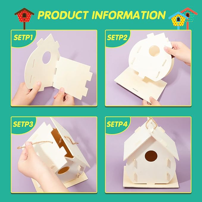Deekin 21 Sets DIY Birdhouse Kit for Kids to Build and Paint, Include Unfinished Wooden Bird House Strips and Colorful Painting Pens for Fun Craft Activity Creative DIY Art Project