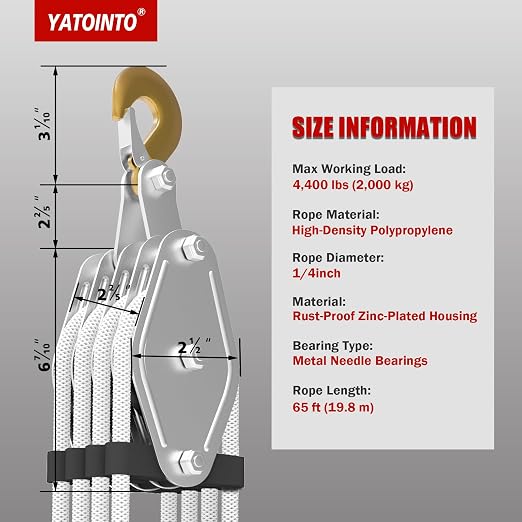 YATOINTO Rope Pulley Hoist with Metal Bearing Rope Guide 4400 LB, 8:1 Pulley Block and Tackle System, Pulley Block 65ft, Heavy Duty Rope Hoist for Hunting Garage Warehouse Constructions