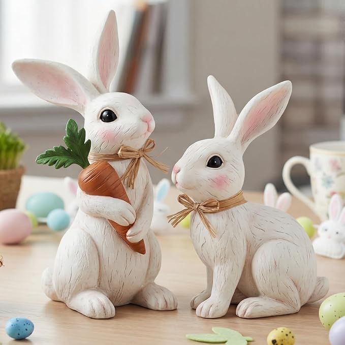 Simgoing 2 Pcs Easter Bunny Figurines Decorations Rabbit Resin Statues Easter Figure Statues Beige Rabbit Figurines Decorations for Holiday Vintage Farmhouse Home Table Centerpieces Ornament Gifts