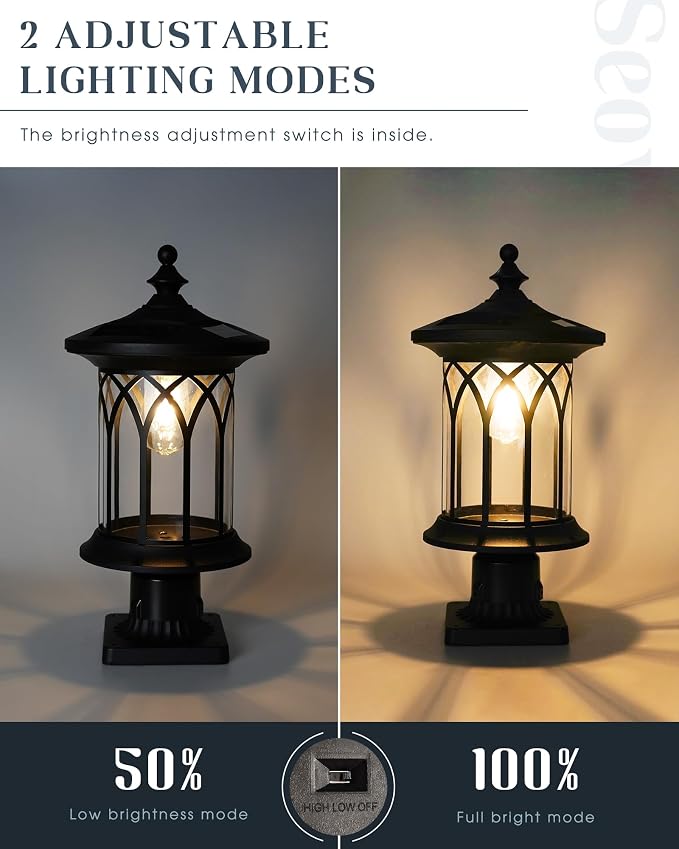 2 Pack Solar Post Lights Outdoor Waterproof Dusk to Dawn E26 IP44 | 2 pack dusk-to-dawn solar post lights with E26 base, IP44 waterproof PC shell, 2600mAh battery for pathway, driveway, lawn
