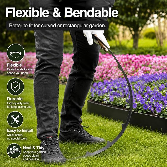 10-Pack Galvanized Steel Landscape Lawn Edging - 6.5 inch Height Black Powder Coated Bendable Metal Strips - Hammer-in Edge Border - Yard Pathway Divider 40 inch Each(33Ft Total), #LYLB65BK-US