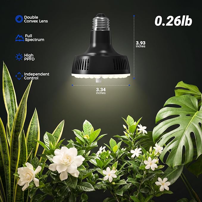 Barrina Orbgrow OG11A Grow Light Bulbs for Indoor Plants, Integrated Dimming & Timing, 4000K 22W(2 x 11W, 200 Watt Equiv), E26 Plant Light Bulb, Full Spectrum for Seeds and Greens, 2 Packs, Black