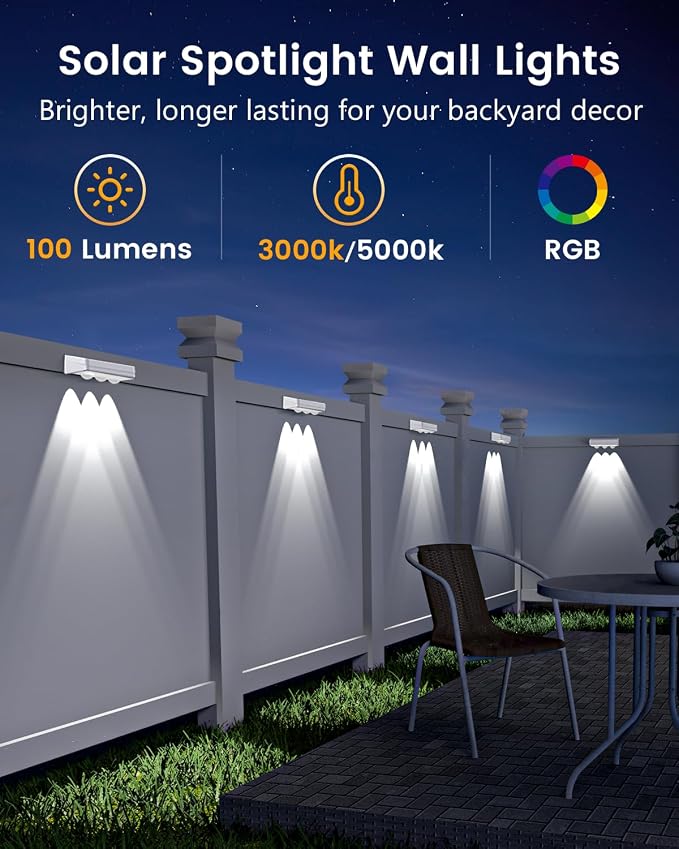 JOFIOS Solar Fence Lights Outdoor Waterproof Led, 12Pack,1300mAh,6 Inch Solar Lights for Fence with Warm White & RGB 8 Colors,Outdoor Solar Lights for Patio, Backyard, Deck, Railing (White)