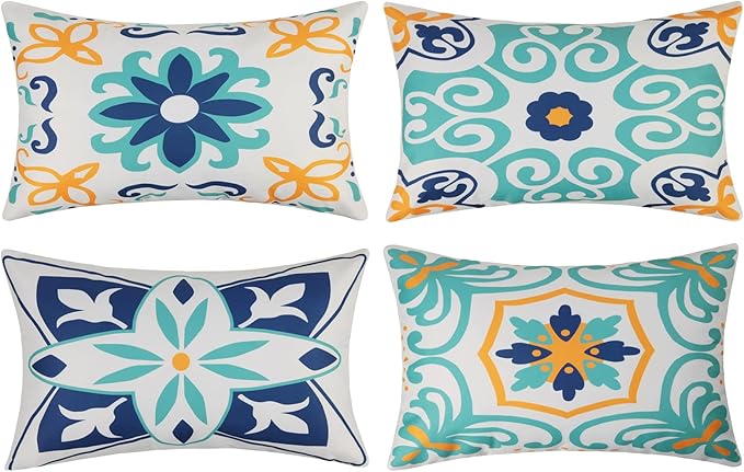 Pyonic Outdoor Waterproof Throw Pillow Covers Set of 4 Floral Printed and Boho Farmhouse Outdoor Pillow Covers for Patio Funiture Garden 12x20 Inch Blue