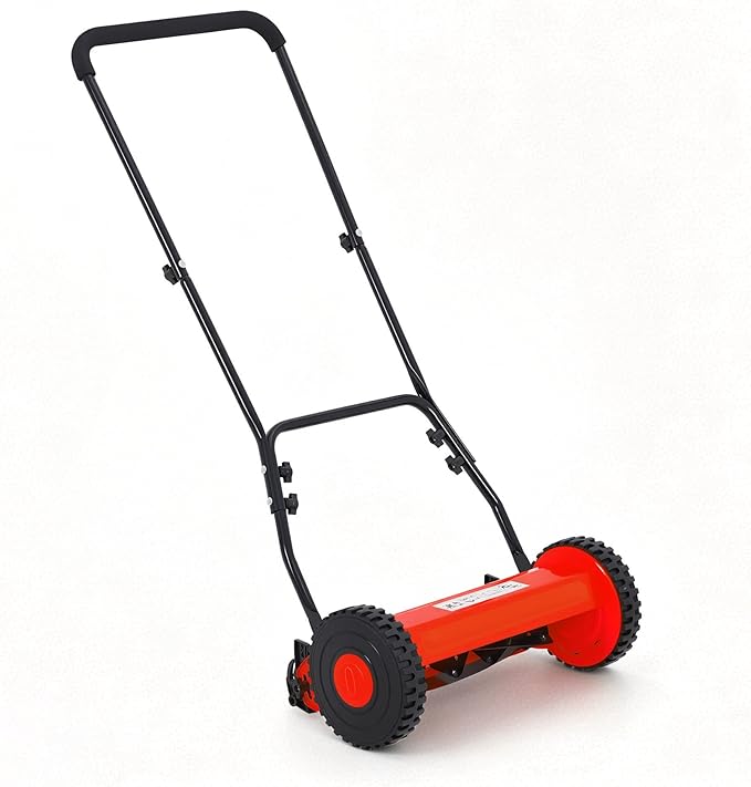 GarveeHome Quiet Eco-Friendly Hand Push Reel Lawn Mower – 16-Inch, 5-Blade, Adjustable Cutting Height, Lightweight & Compact, Easy Assembly, Ideal for Small to Medium Yards – Red | 16 inches