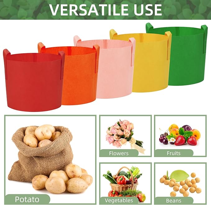 20 Pack 10 Gallon Grow Bags, Colorful Potato Plant Grow Bags with Handles, Nonwoven Fabric Garden Pots for Vegetable Fruit Flowers Herbs Tomato Potato Growing (10 Gal)