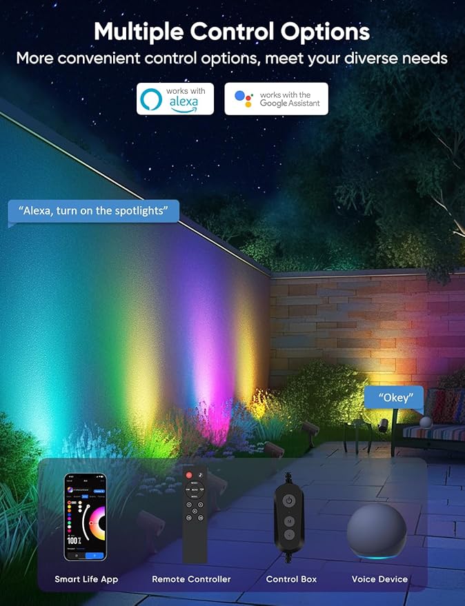 APPECK Outdoor Spot Light 600lm, Smart Landscape Lighting Kit 2 Pack, RGBCW Color Changing Low Voltage Landscape Lights, IP65 Waterproof, App/Voice/Remote Control, for Garden Pathway Yard Decor