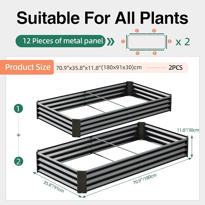 6x3x1ft(2 Pack) Galvanized Raised Garden Bed,Outdoor Planter Box Metal Patio Kit Planting Bed for Vegetables,Flowers, Black