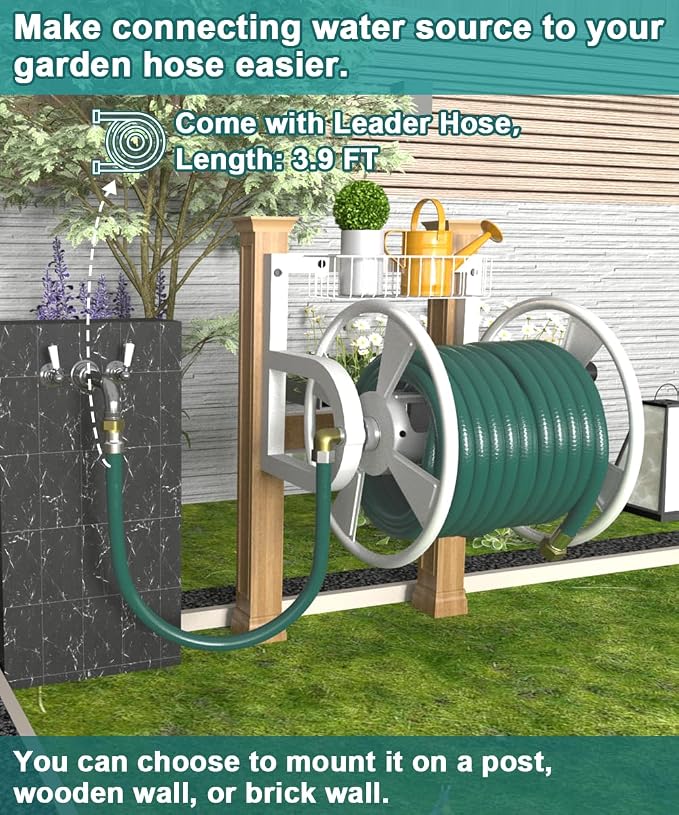 Artigarden Garden Wall Mounted Hose Reel, Outdoor Heavy-Duty Water Hose Holder Winder, Holds 125 Feet of 5/8-Inch Hose, with 3.9 ft Leader Hose, Brass Fitting and Storage Basket for Yard, White